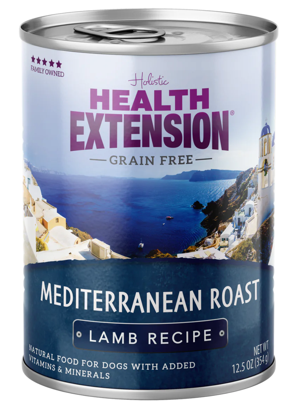 12.5oz can of Health Extension Grain Free Mediterranean lamb wet dog food