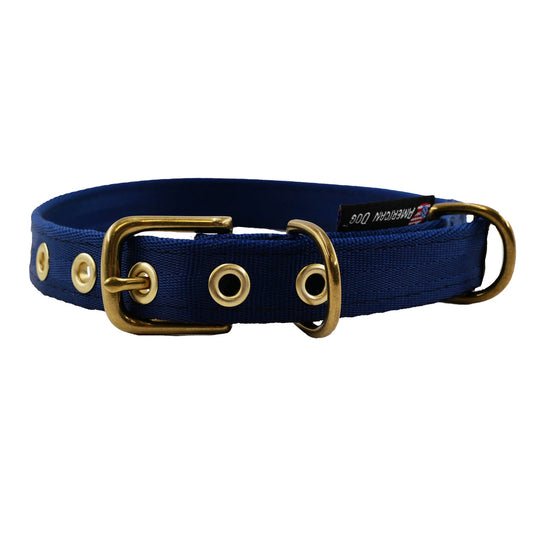 Collars Seatbelt dog collar by American Dog in navy seatbelt webbing with heavy duty brass hardware