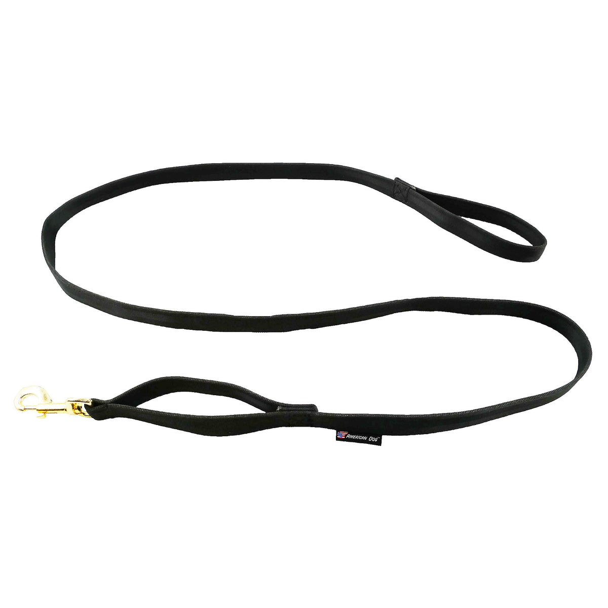 Seatbelt dog leash by American Dog in black seatbelt webbing with brass hardware