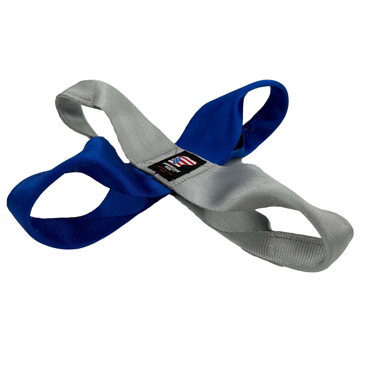 Seatbelt Quad Flopper dog toy by American Dog in blue and silver seatbelt webbing