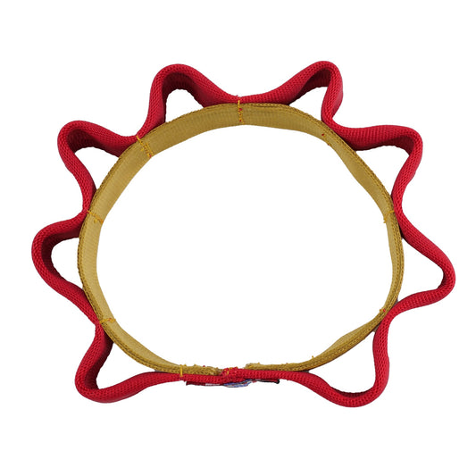 Seatbelt 2 Tone Sprocket Tug Flyer dog toy by American Dog in red and gold seatbelt webbing