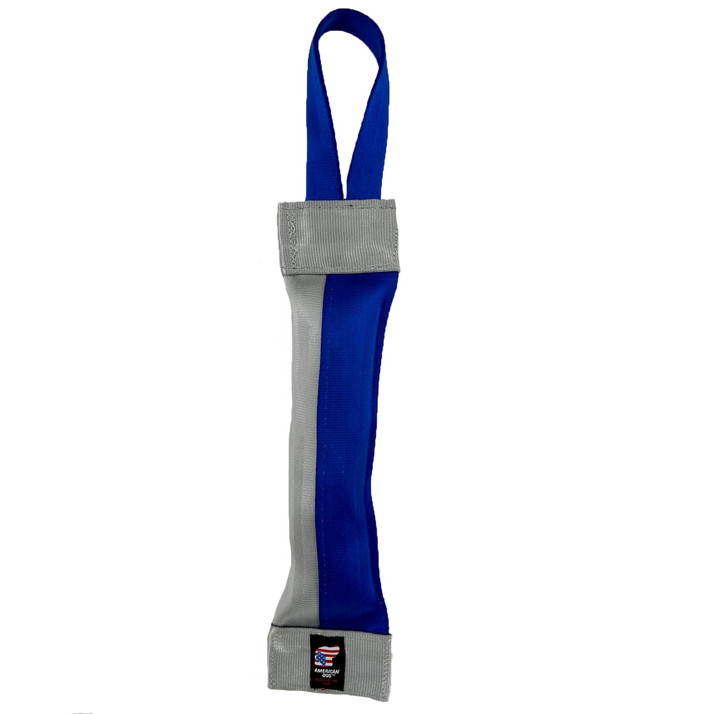 Seatbelt 2-Tone Tube Tug dog toy by American Dog in blue and silver seatbelt webbing