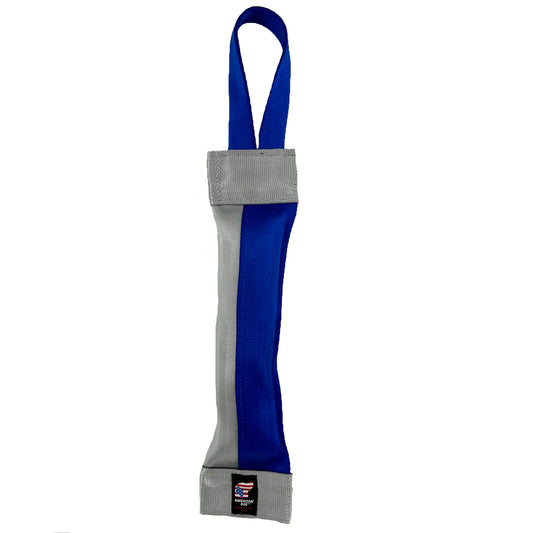 Seatbelt 2-Tone Tube Tug dog toy by American Dog in blue and silver seatbelt webbing