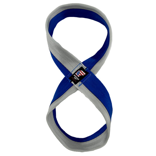 Seatbelt 2-Tone Figure 8 Tug dog toy by American Dog in blue and silver seatbelt webbing