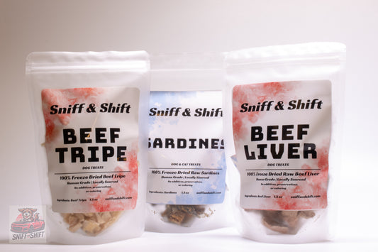 Sniff and Shift Sample Pack – Limited Edition Freeze Dried Dog Treat Trio - Beef Liver, Sardines, Tripe-My Store