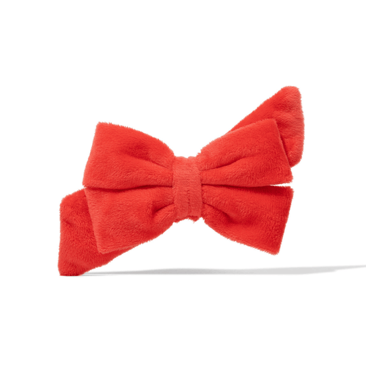 Suki Dog Babe Bow in red-orange velvet, shown in Small and Large sizes, Pink Papyrus Co., sold through Sniff and Shift