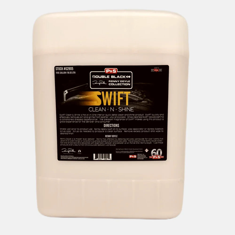 P&S Swift Clean and Shine 5 gallon cream colored pail with the black Double Black Renny Doyle Collection label and printed directions