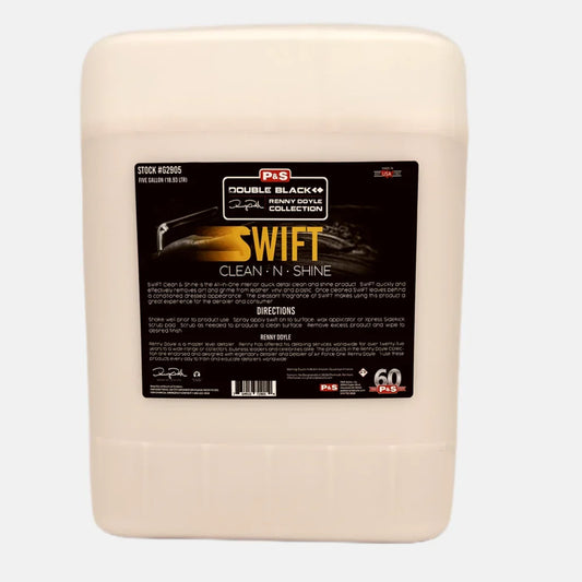 P&S Swift Clean and Shine 5 gallon cream colored pail with the black Double Black Renny Doyle Collection label and printed directions