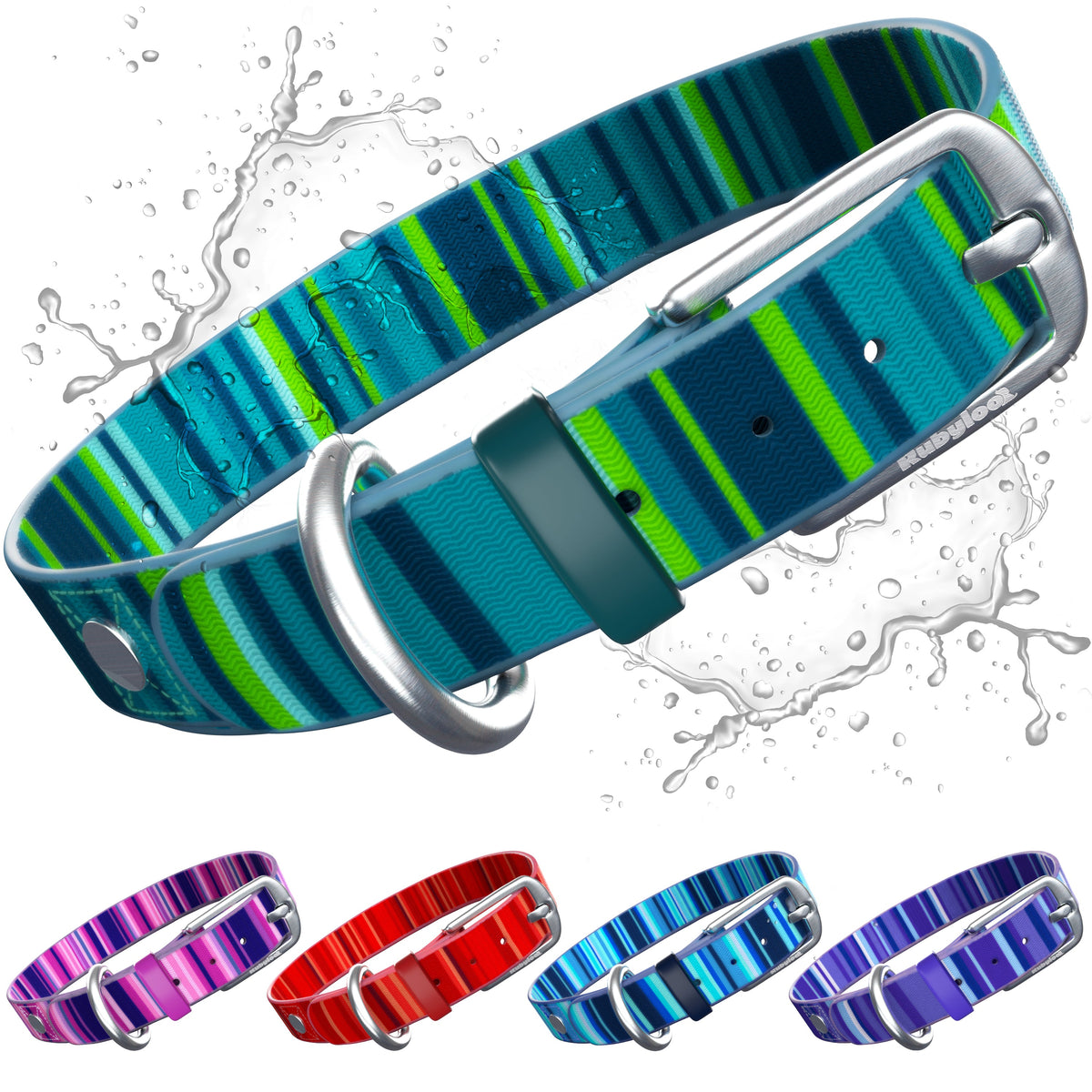 Waterproof Dog Collars in five colors and three sizes, Rubyloo, sold through Sniff and Shift