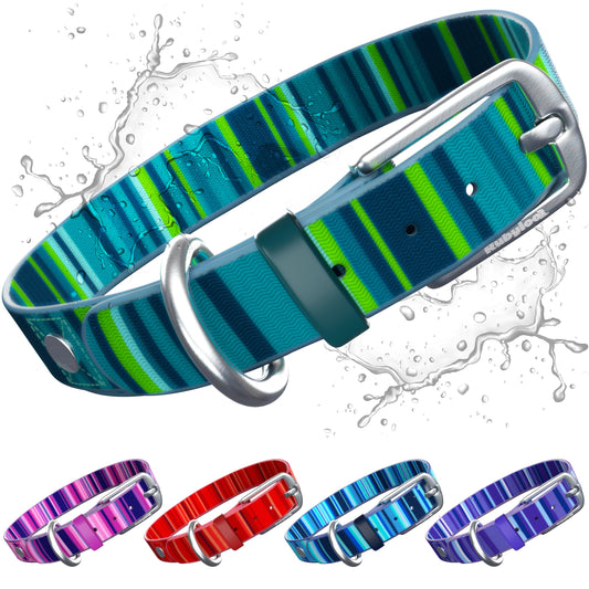 Waterproof Dog Collars in five colors and three sizes, Rubyloo, sold through Sniff and Shift