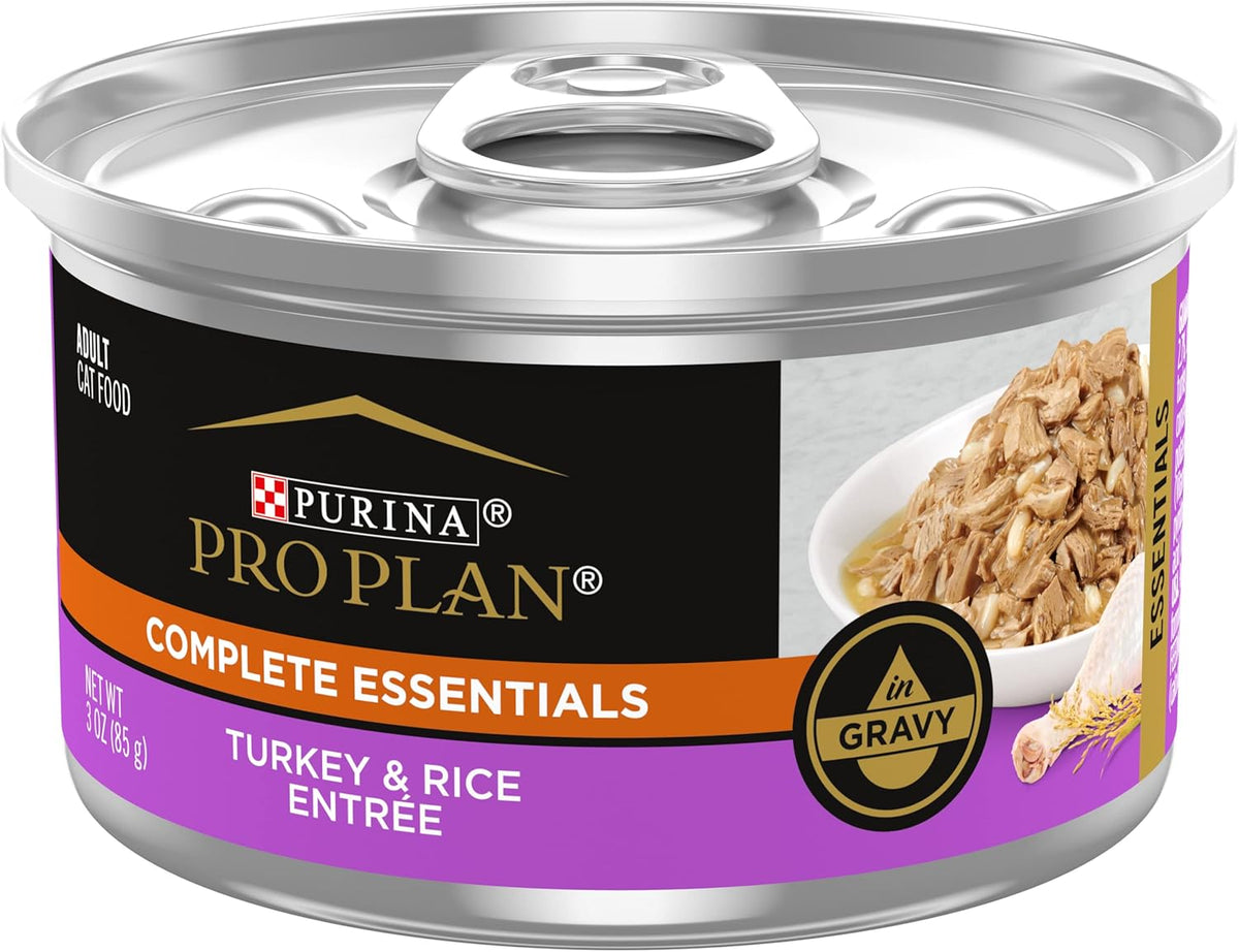 Pro Plan Complete Essentials Turkey & Rice entree in gravy wet cat food can, 3oz