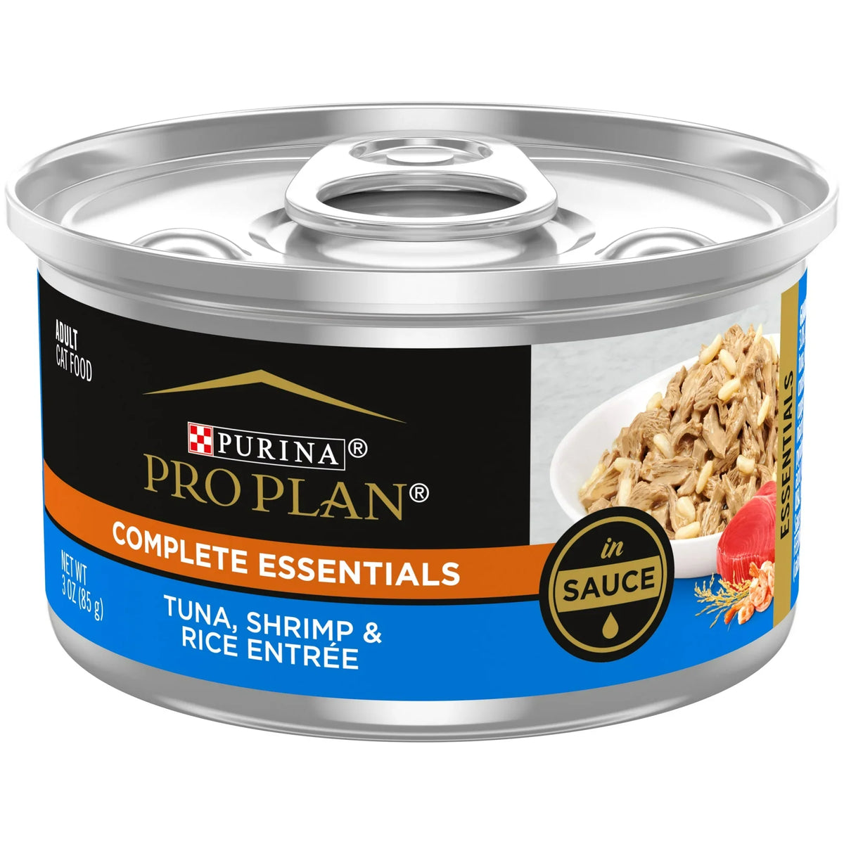 Pro Plan Complete Essentials Tuna, Shrimp & Rice entree in sauce wet cat food can, 3oz