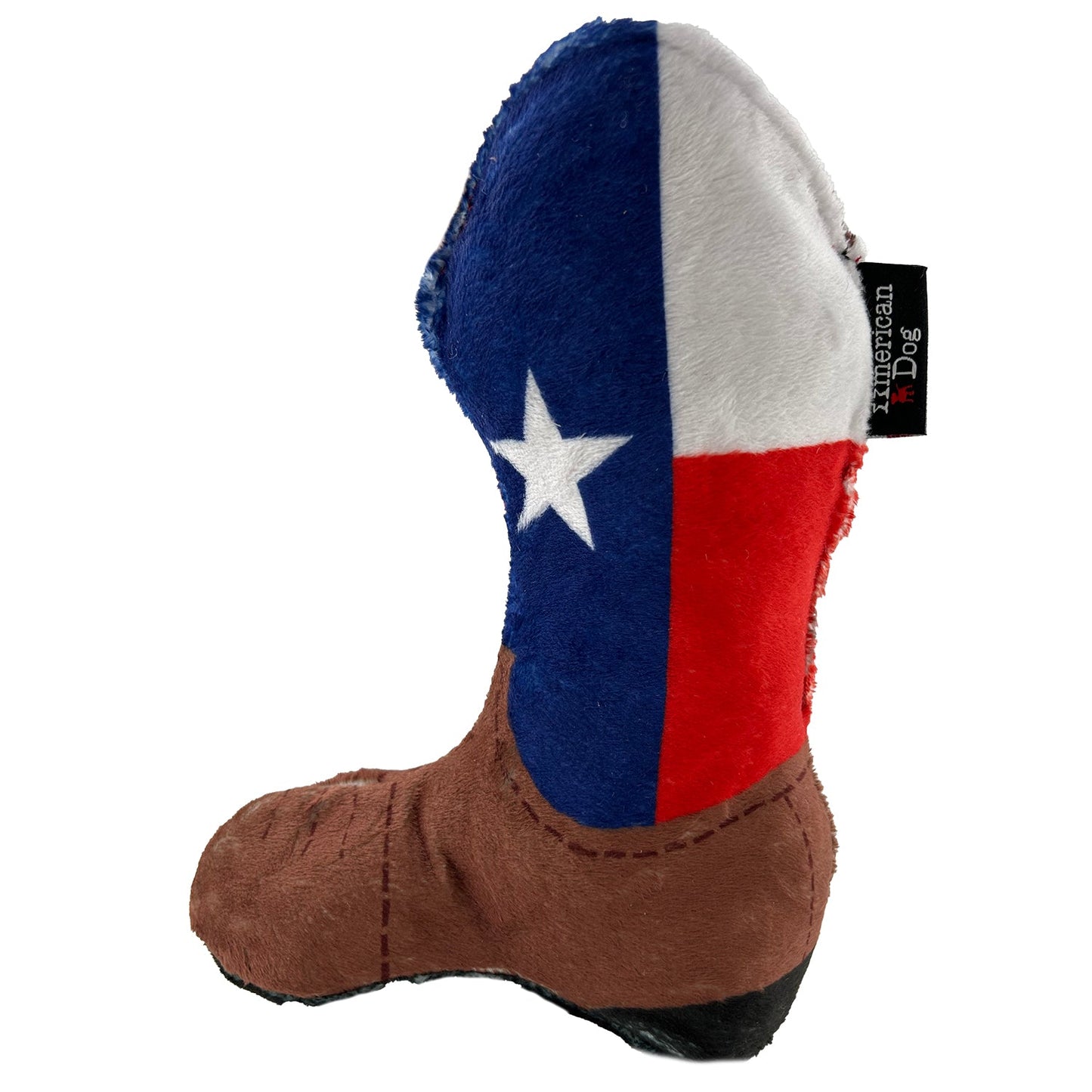 Texas Flag Cowboy Boot dog toy by American Dog, bunny minky fleece boot with the Texas flag on the upper