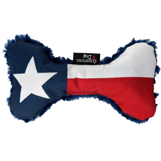 Texas Flag Bone dog toy by American Dog, 1000D nylon front with the Texas flag and a soft minky fleece back