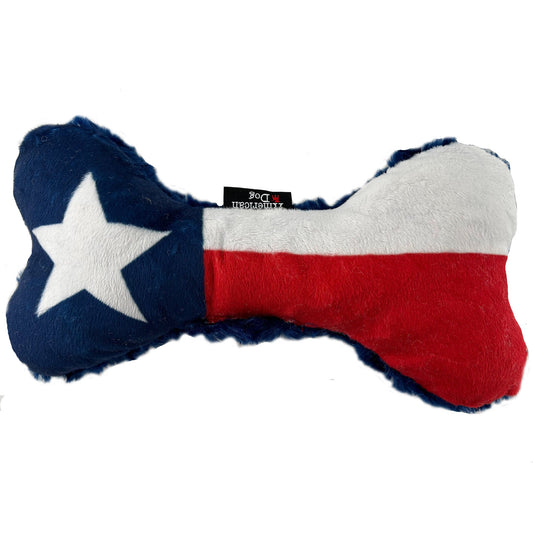 Texas Flag Bone dog toy by American Dog, minky fleece bone with the Texas flag and a blue fleece back