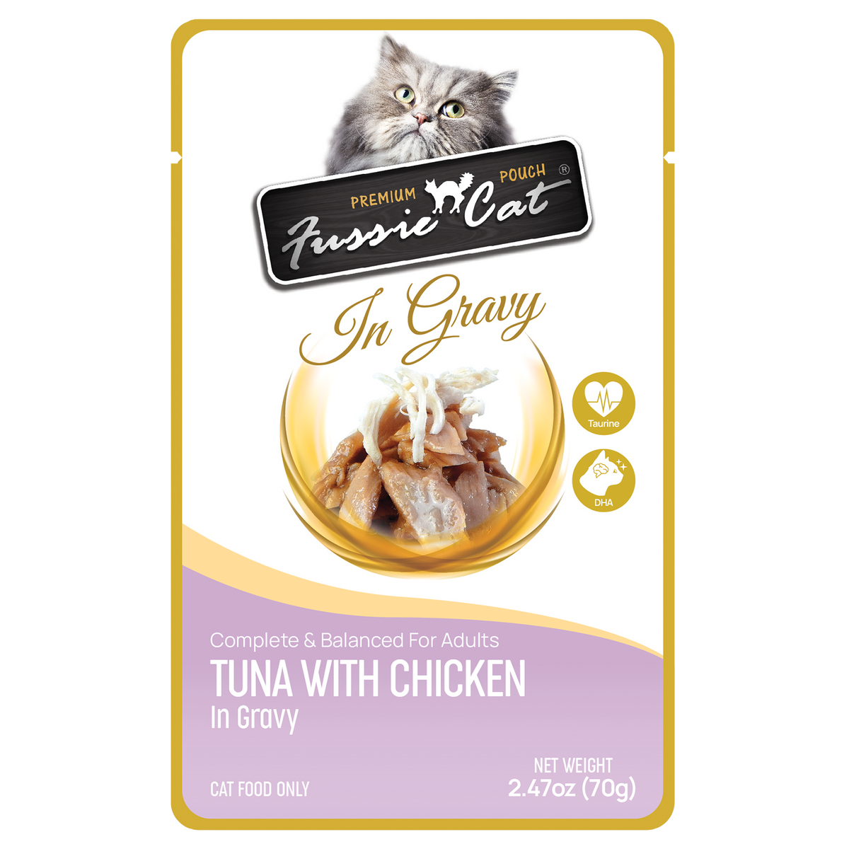 Fussie Cat Premium Pouch Tuna with Chicken in Gravy wet cat food, 2.47oz pouch