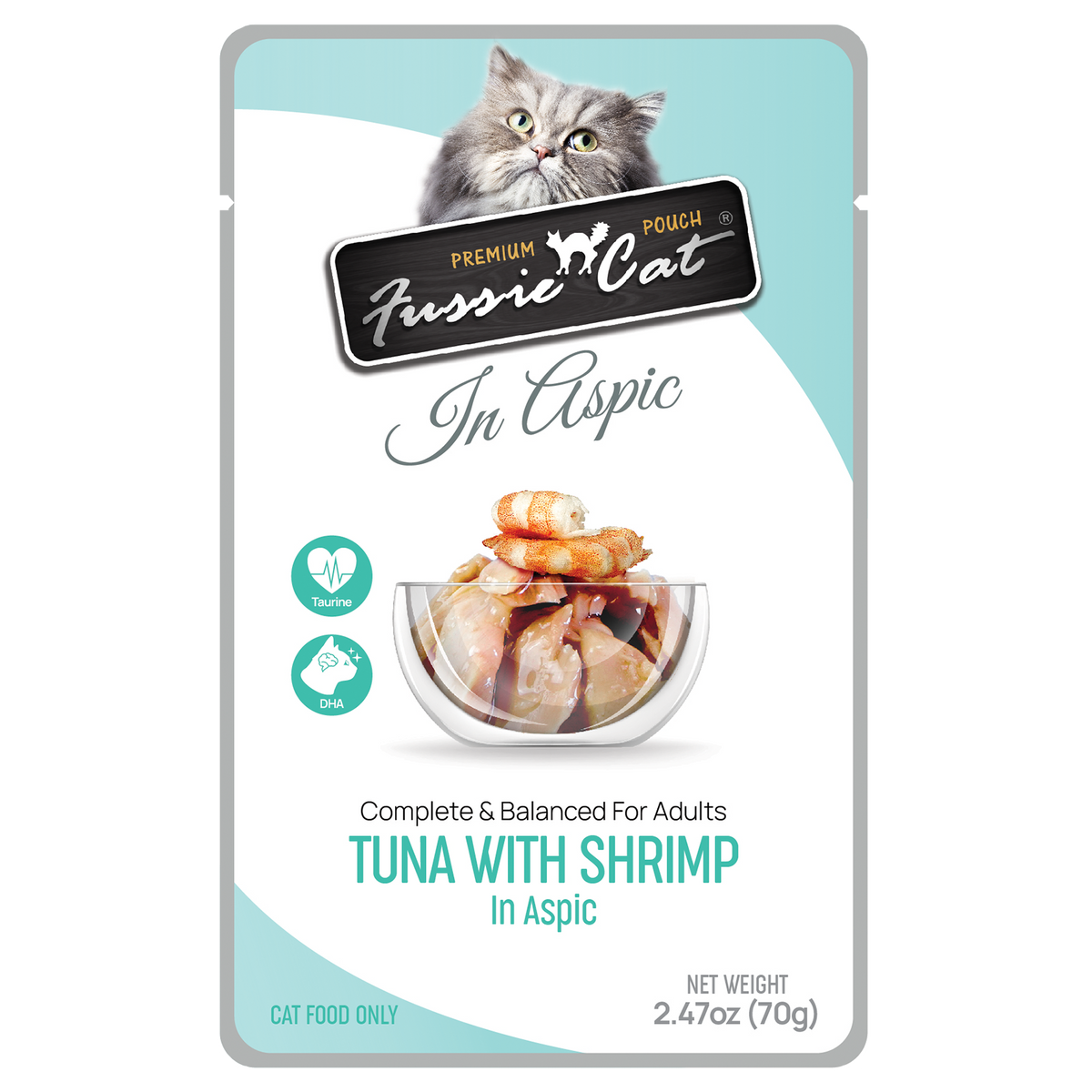 Fussie Cat Premium Pouch Tuna with Shrimp in Aspic wet cat food, 2.47oz pouch
