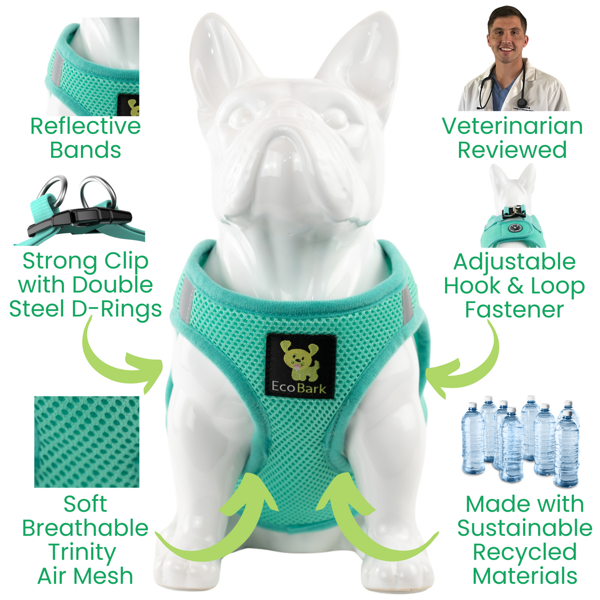 Mint Turquoise Step-In Dog Harness, Reflective Mesh, Teacup to XL