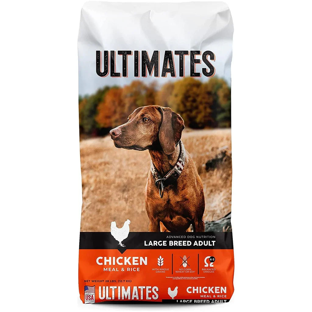 28 pound bag of Ultimates Large Breed Chicken Meal & Rice dry dog food