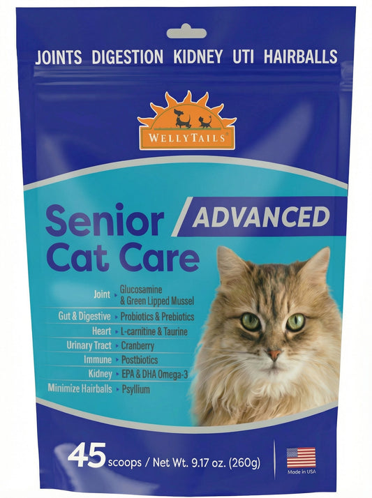 WellyTails Senior Cat Joint Care ADVANCED tub with scoop, 9.17 oz cat supplement powder