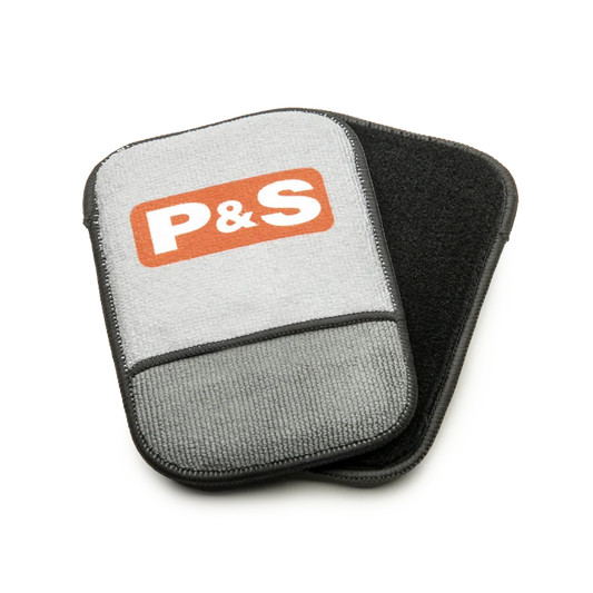 P&S Xpress Sidekick scrub mitt two pack in gray microfiber with a black scrub face and the orange P&S logo