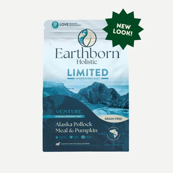 4 and 25 lb bags of Earthborn Holistic Venture Grain Free Alaska Pollock & Pumpkin dry dog food