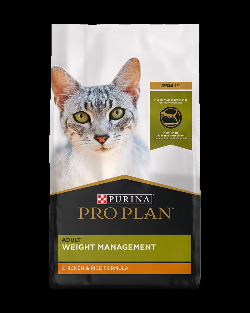 Pro Plan Weight Management Chicken and Rice dry cat food bag, 3.5 lb
