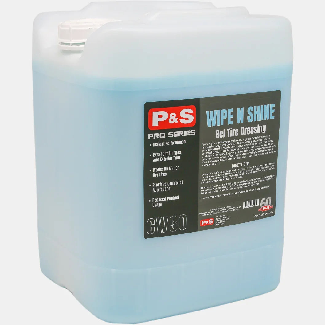 P&S Wipe N Shine 5 gallon white jug with the black and red Pro Series gel tire dressing label