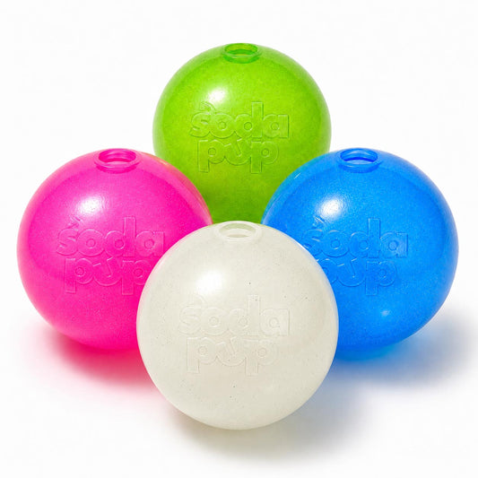 Glitter rubber fetch ball, choice of four colors, SodaPup, sold through Sniff and Shift