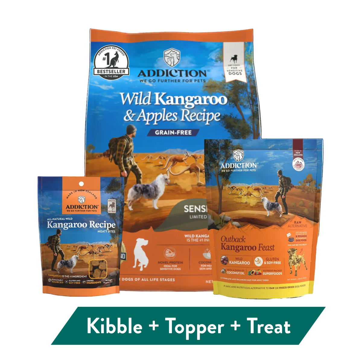 Addiction kangaroo dog food and treats bundle packaging, Addiction Pet Foods USA, sold through Sniff and Shift