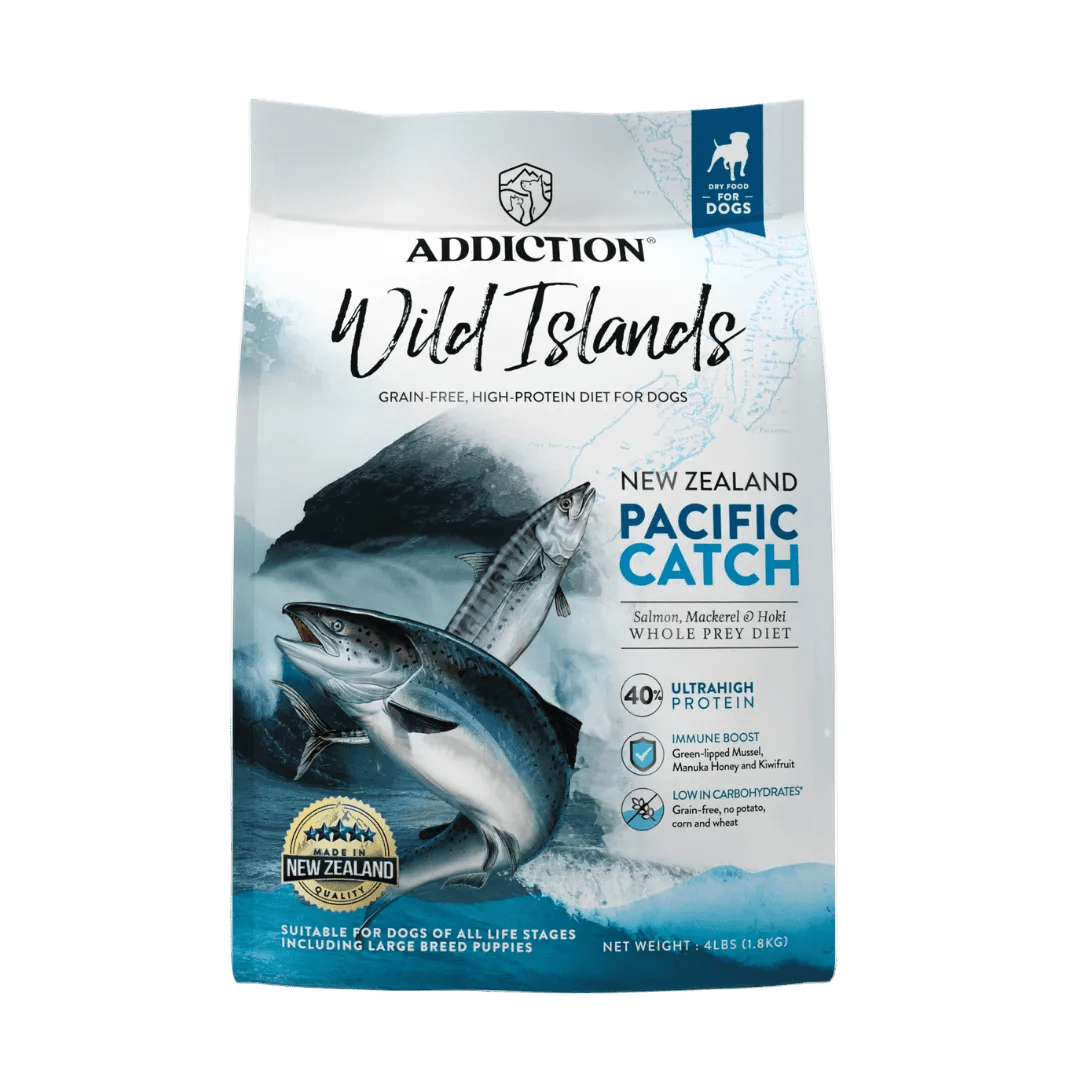 Wild Islands Pacific Catch dry dog food bag, Addiction Pet Foods USA, sold through Sniff and Shift