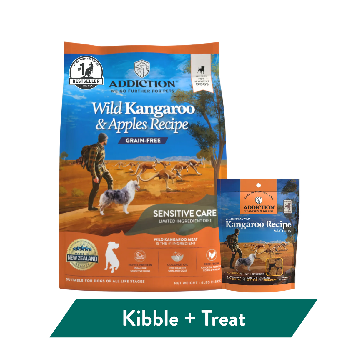 Wild Kangaroo Dry Dog Food and Meaty Bites kangaroo treats bundle, Addiction Pet Foods USA, sold through Sniff and Shift