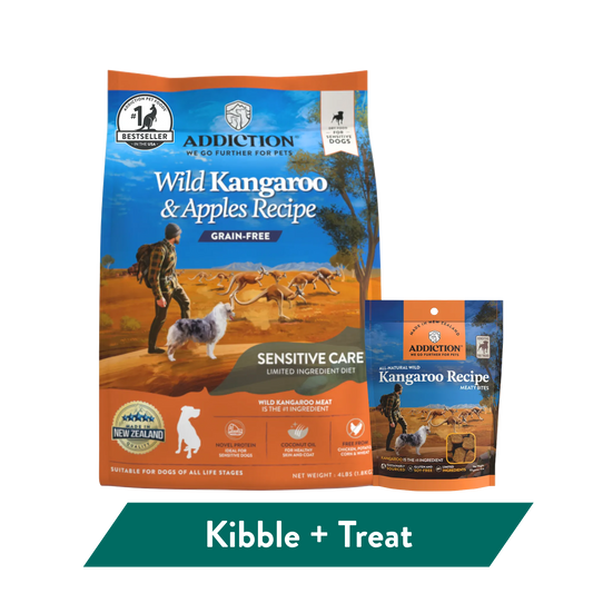 Wild Kangaroo Dry Dog Food and Meaty Bites kangaroo treats bundle, Addiction Pet Foods USA, sold through Sniff and Shift