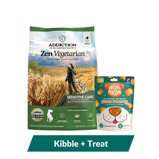 Zen Vegetarian dry dog food and vegan treats bundle, Addiction Pet Foods USA, sold through Sniff and Shift