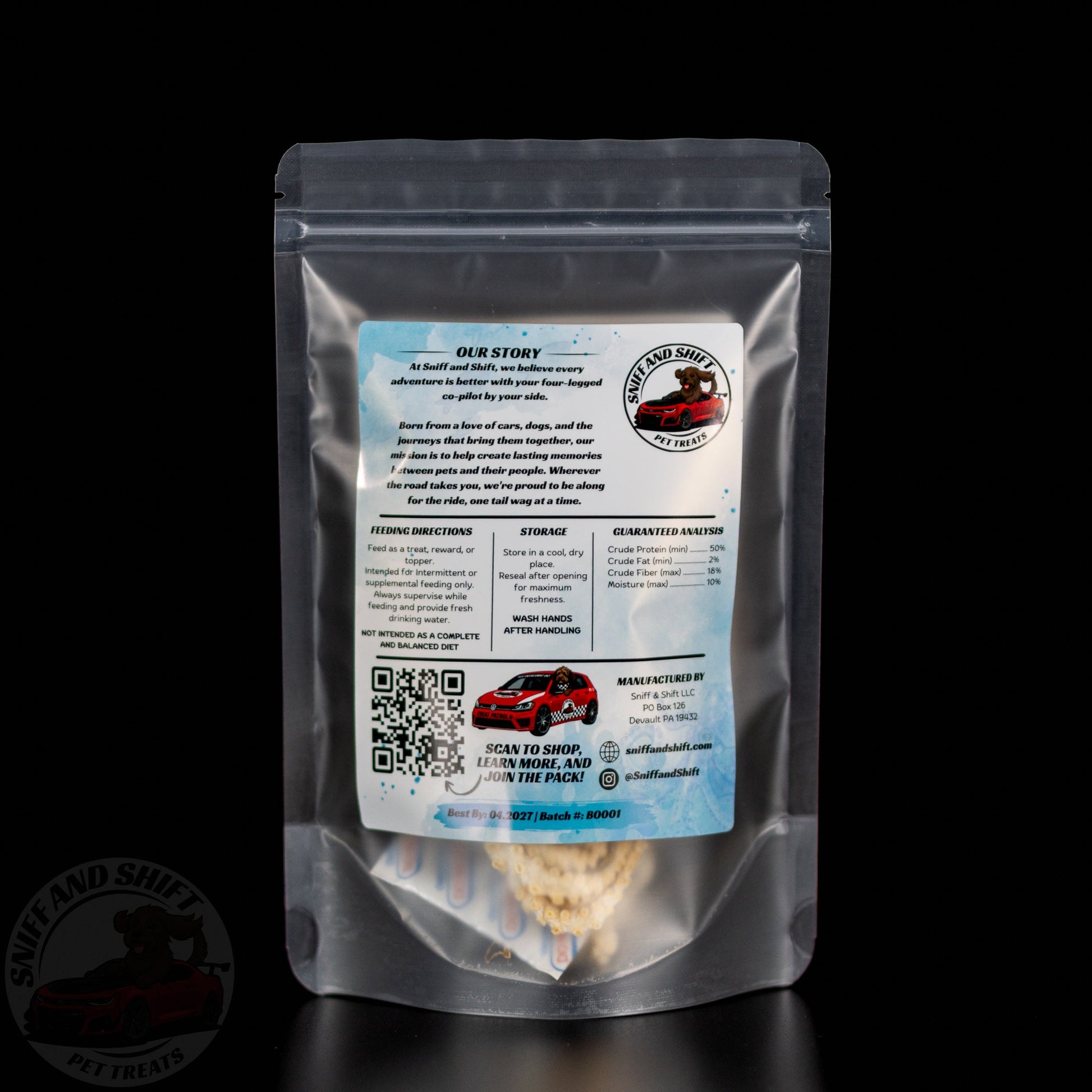 Freeze-Dried Baby Octopus — back of bag with ingredients, feeding directions and guaranteed analysis