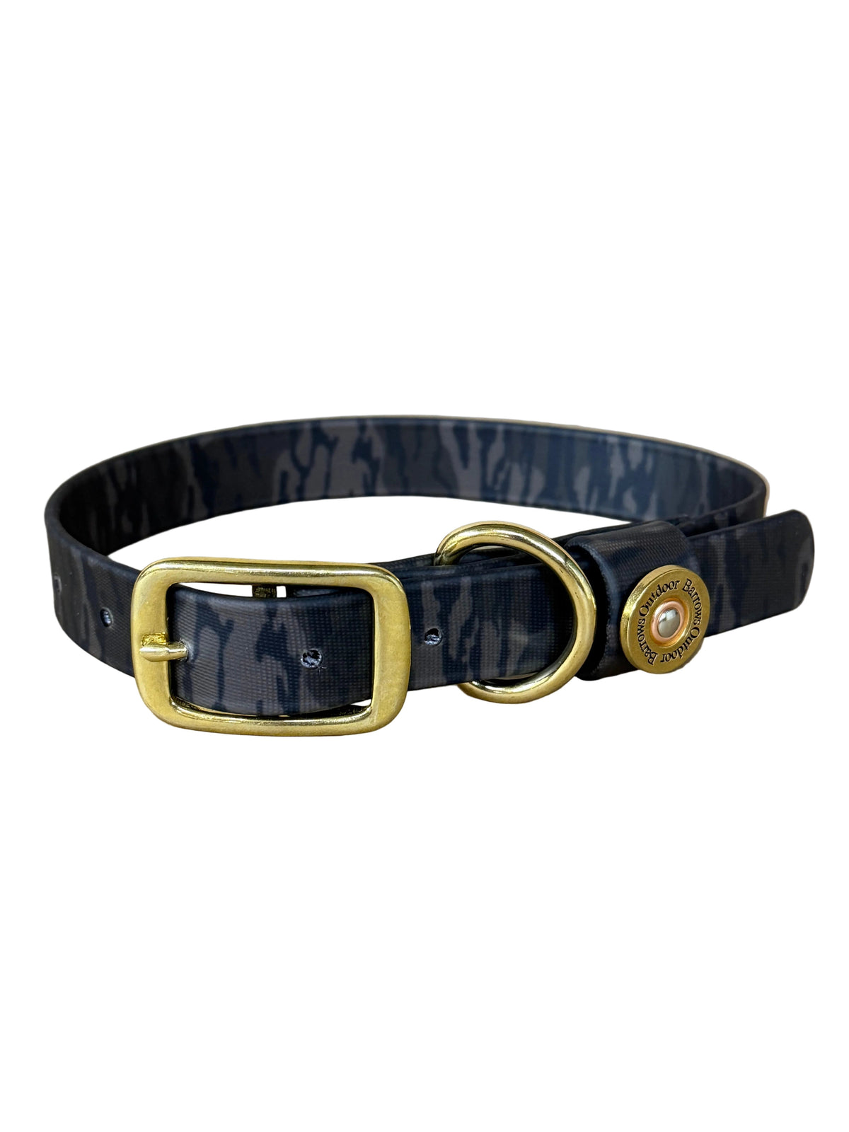 Barrows gun dog collar by Barrows Outdoor in Mossy Oak Bottomland camo with a brass buckle