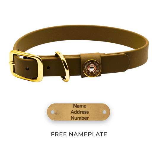 Barrows Dog Collar gun dog collar by Barrows Outdoor in OD green Biothane with a brass buckle