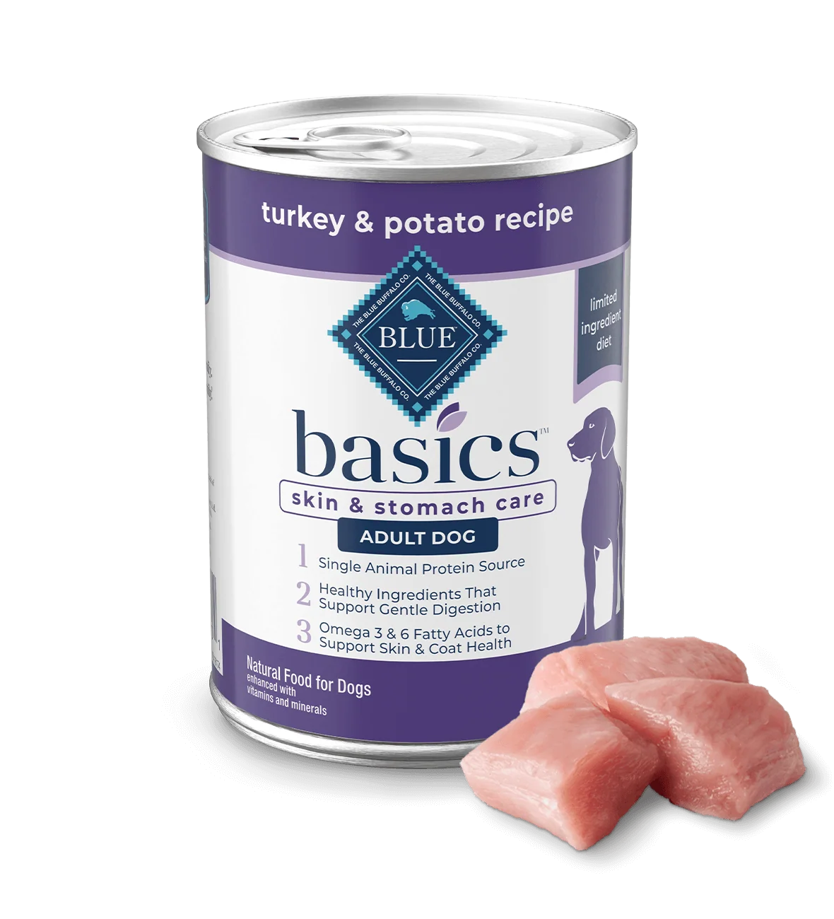 12.5oz can of Blue Buffalo Basics grain-free Turkey & Potato limited ingredient wet dog food