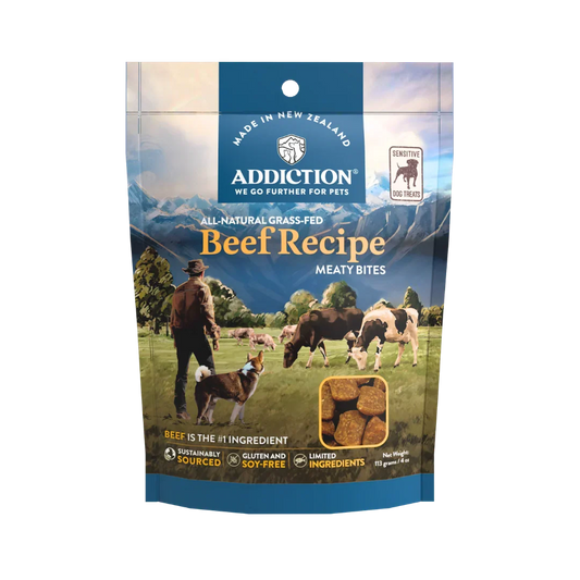Beef Meaty Bites dog treats pack, Addiction Pet Foods USA, sold through Sniff and Shift