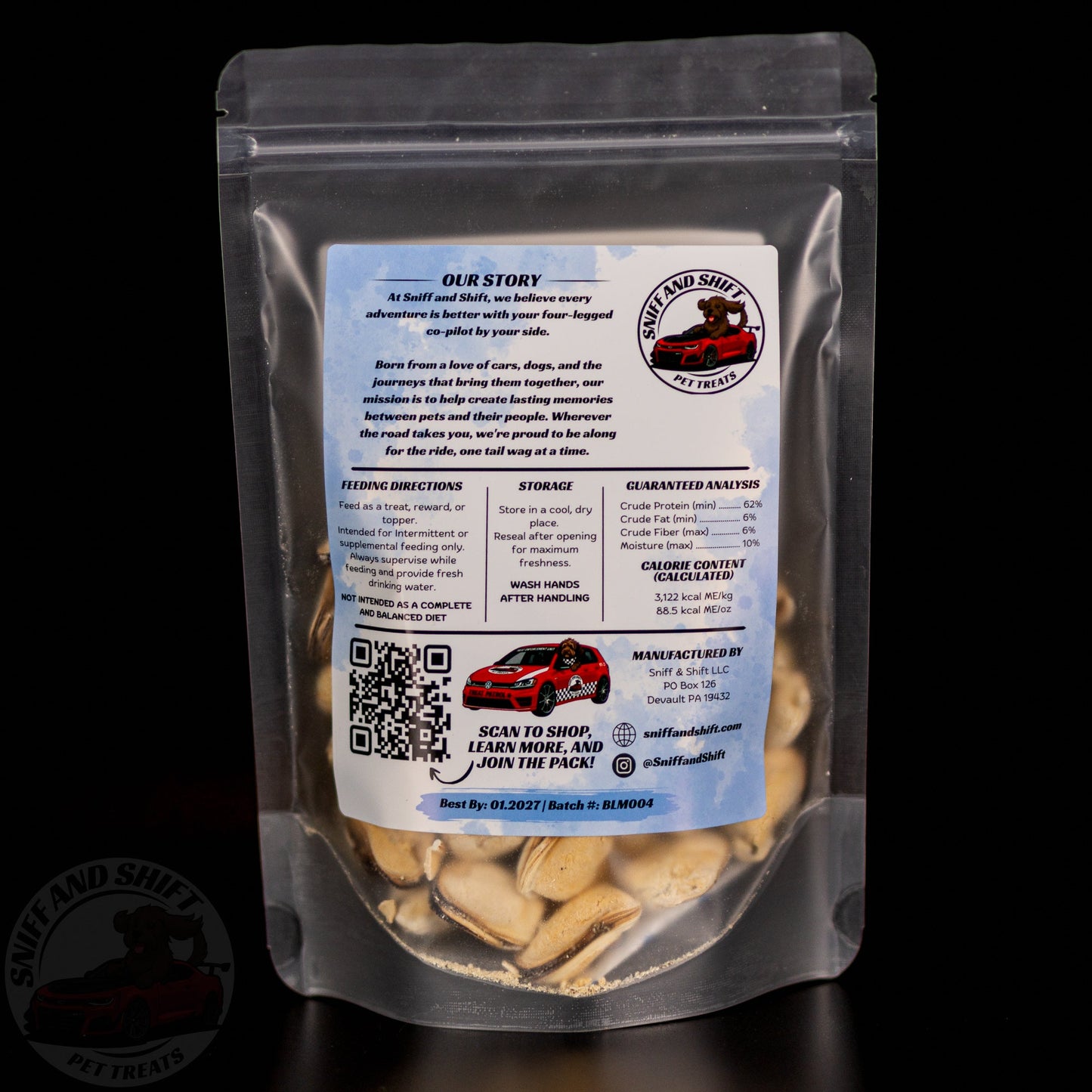 Freeze-Dried Blue-Lipped Mussels — back of bag with ingredients, feeding directions and guaranteed analysis