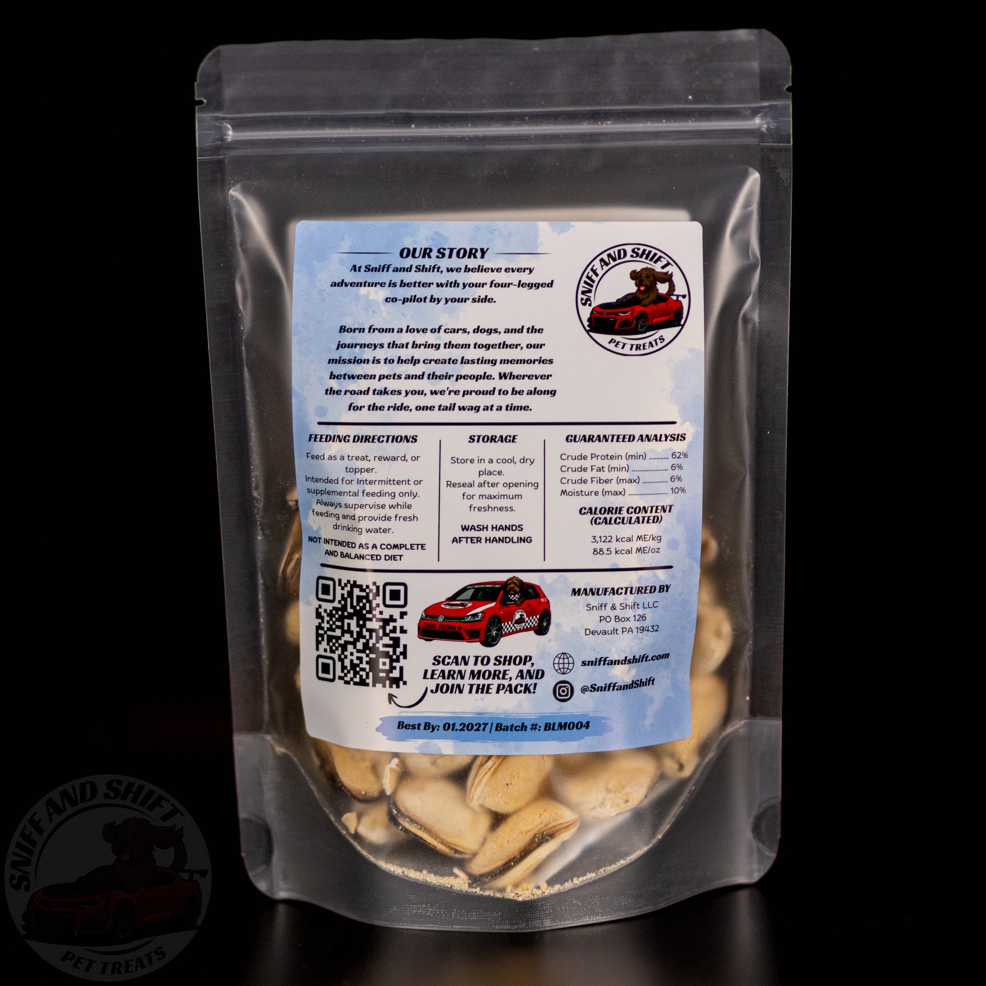 Freeze-Dried Blue-Lipped Mussels — back of bag with ingredients, feeding directions and guaranteed analysis