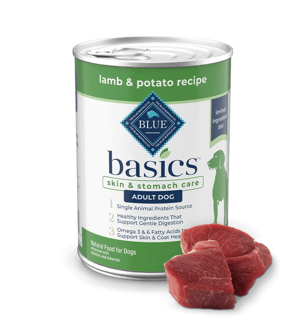 Can of Blue Buffalo Basics Grain-Free Lamb & Potato dog food, 12.5oz