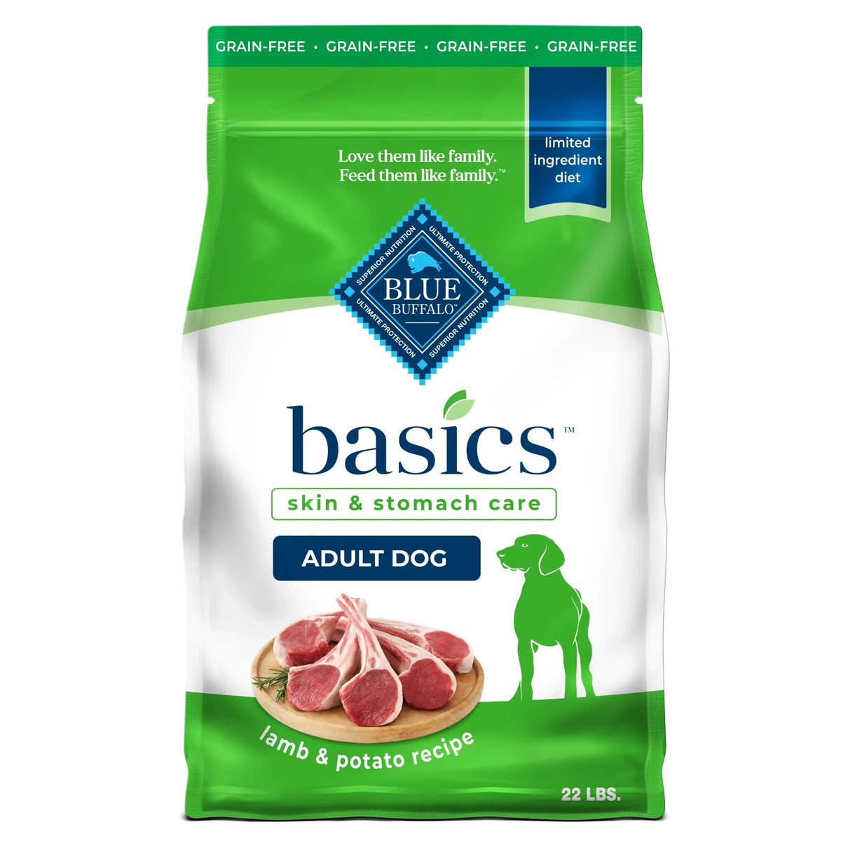 Bag of Blue Buffalo Basics Adult Grain-Free Lamb & Potato Limited Ingredient Diet Dry Dog Food
