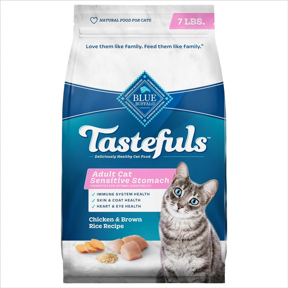 Blue Buffalo Tastefuls Adult Sensitive Stomach Chicken & Brown Rice dry cat food bag