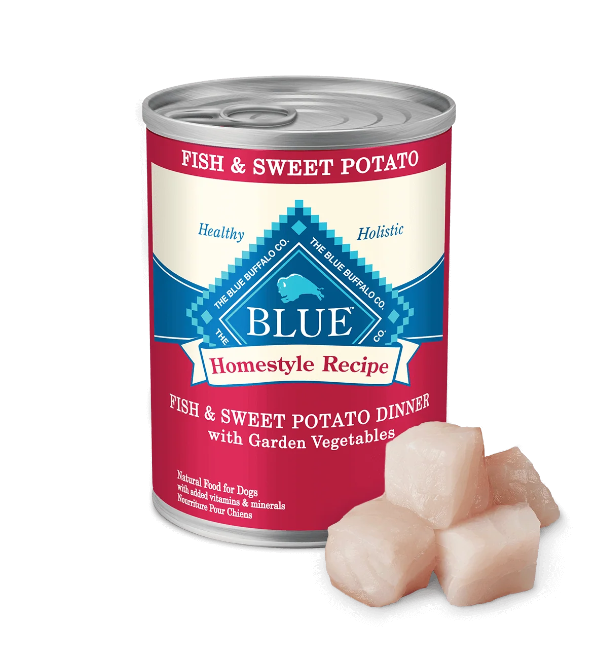 12.5oz can of Blue Buffalo Homestyle Recipe Fish and Sweet Potato Dinner wet dog food