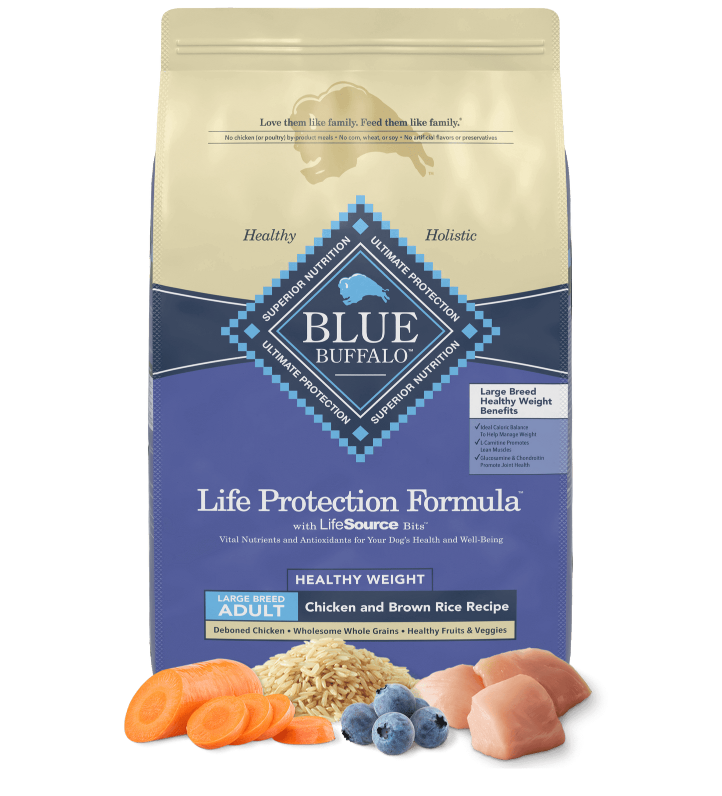 Bag of Blue Buffalo Adult Large Breed Healthy Weight Chicken & Brown Rice Dry Dog Food (30lb)