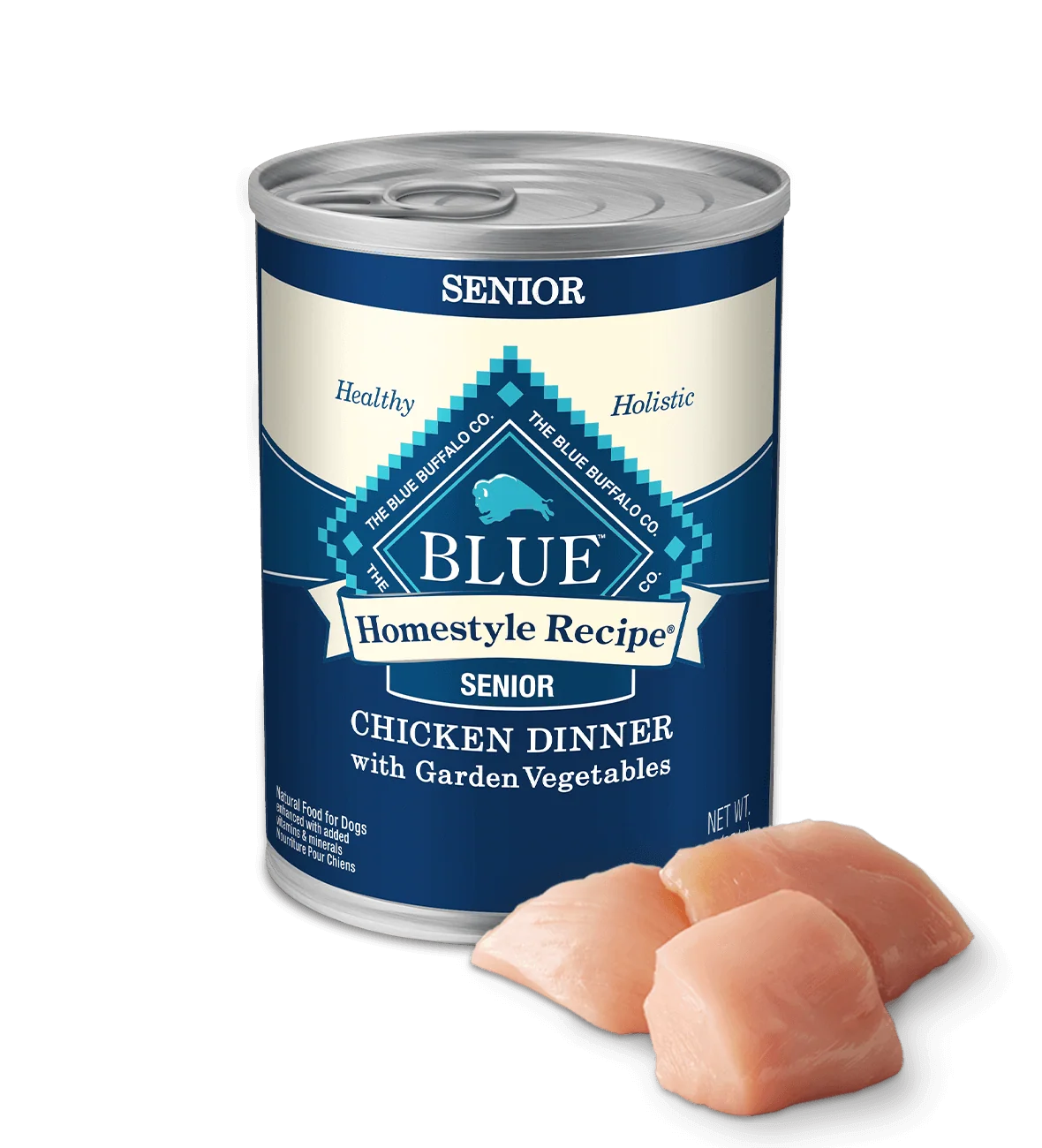 12.5oz can of Blue Buffalo Homestyle Recipe Chicken Dinner wet senior dog food