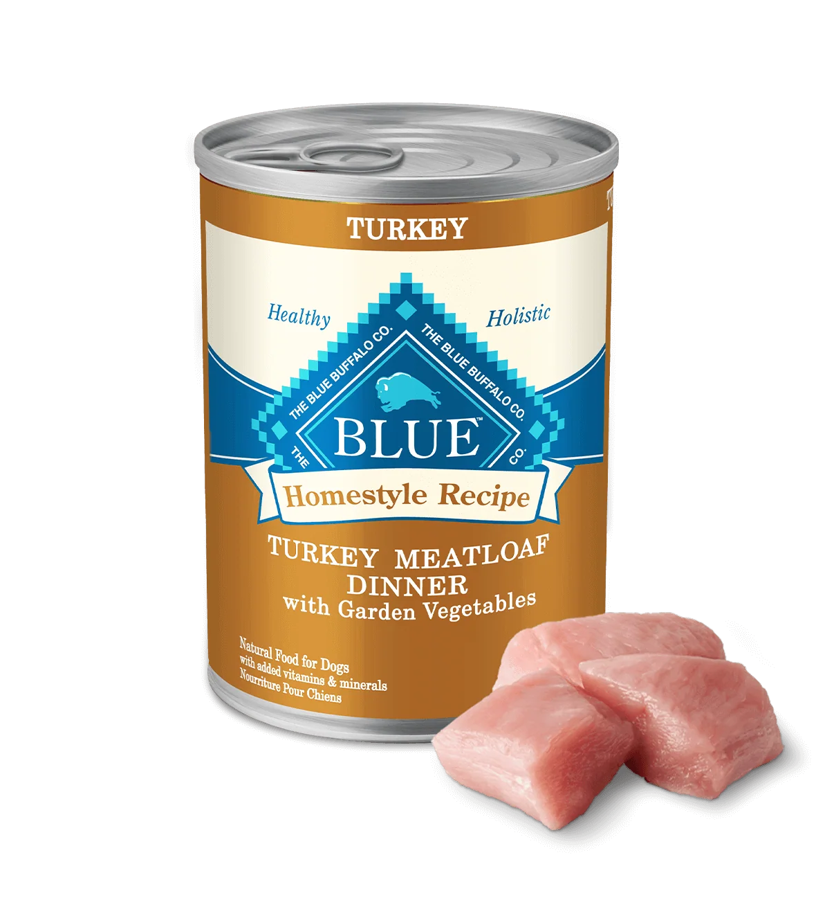 12.5oz can of Blue Buffalo Homestyle Recipe Turkey Meatloaf Dinner wet dog food