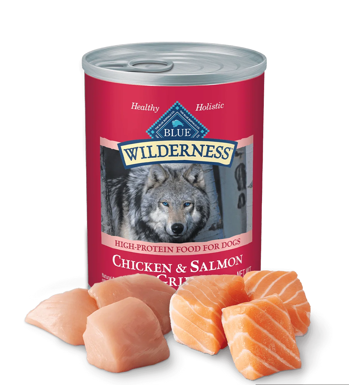 12.5oz can of Blue Buffalo Wilderness grain-free Salmon & Chicken wet dog food
