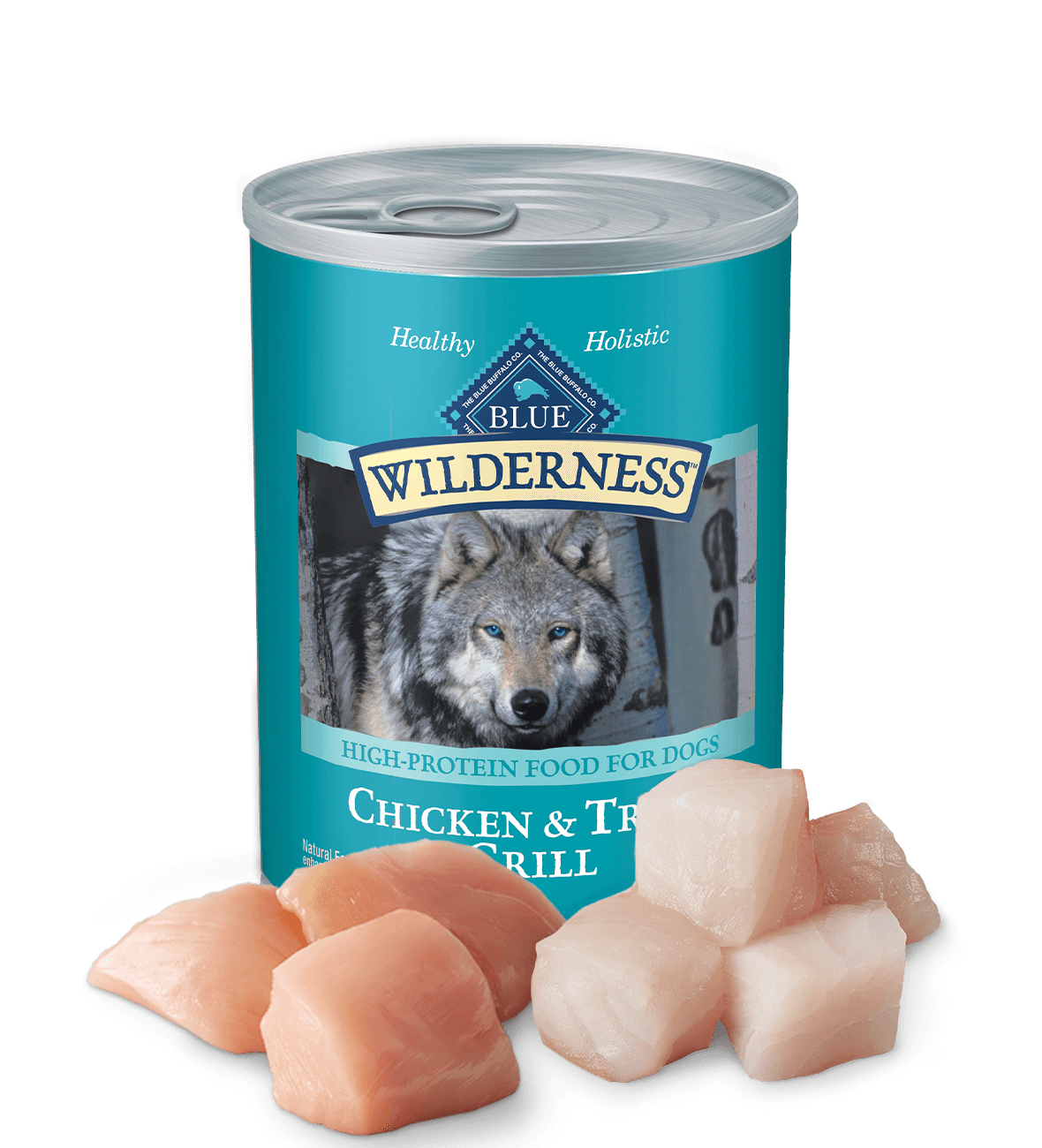 12.5oz can of Blue Buffalo Wilderness grain-free Trout & Chicken Grill wet dog food